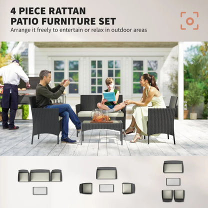 Outsunny 4 Piece Rattan Garden Furniture Sofa Set with Loveseat, Armchairs, Glass-Top Coffee Table and Cushions