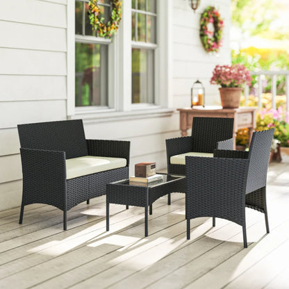 Outsunny 4 Piece Rattan Garden Furniture Sofa Set with Loveseat, Armchairs, Glass-Top Coffee Table and Cushions