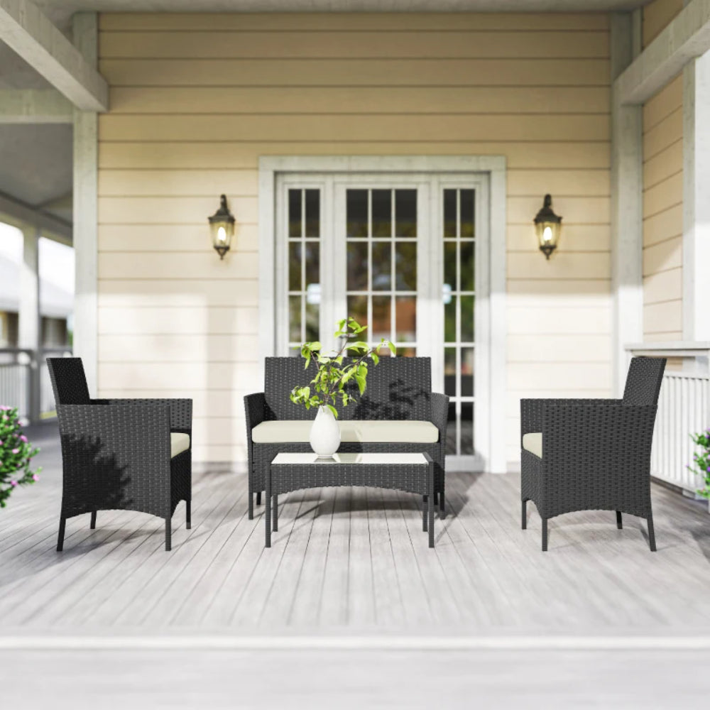 Outsunny 4 Piece Rattan Garden Furniture Sofa Set with Loveseat, Armchairs, Glass-Top Coffee Table and Cushions