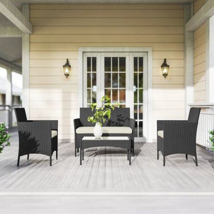 Outsunny 4 Piece Rattan Garden Furniture Sofa Set with Loveseat, Armchairs, Glass-Top Coffee Table and Cushions