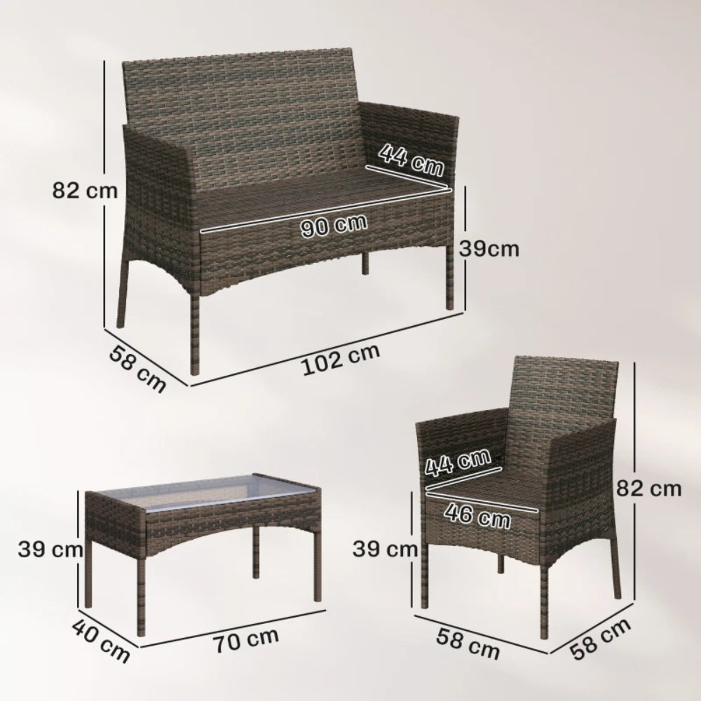 Outsunny 4 Piece Rattan Garden Furniture Sofa Set with Loveseat, Armchairs, Glass-Top Coffee Table and Cushions
