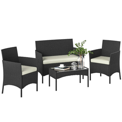 Outsunny 4 Piece Rattan Garden Furniture Sofa Set with Loveseat, Armchairs, Glass-Top Coffee Table and Cushions