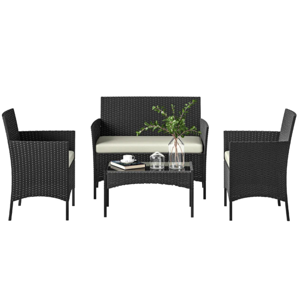 Outsunny 4 Piece Rattan Garden Furniture Sofa Set with Loveseat, Armchairs, Glass-Top Coffee Table and Cushions