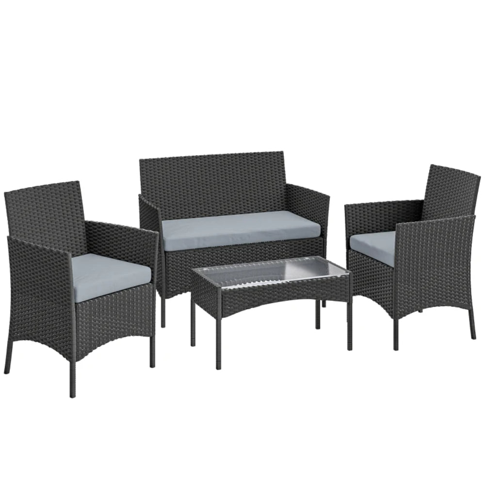 Outsunny 4 Piece Rattan Garden Furniture Sofa Set with Loveseat, Armchairs, Glass-Top Coffee Table and Cushions