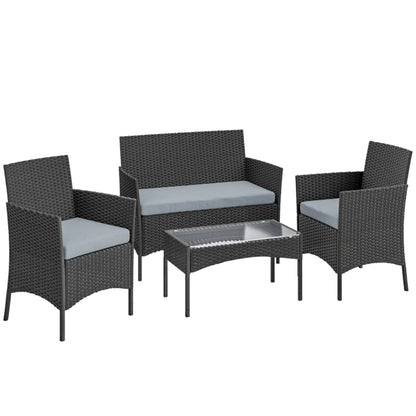 Outsunny 4 Piece Rattan Garden Furniture Sofa Set with Loveseat, Armchairs, Glass-Top Coffee Table and Cushions