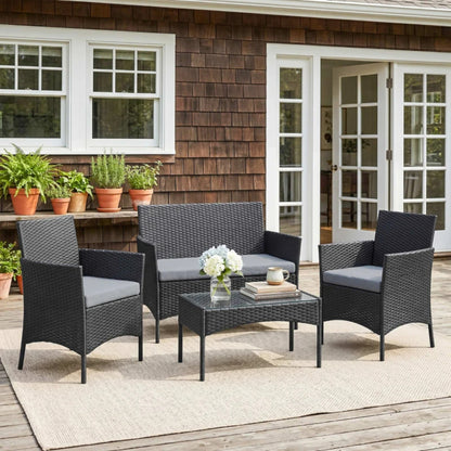 Outsunny 4 Piece Rattan Garden Furniture Sofa Set with Loveseat, Armchairs, Glass-Top Coffee Table and Cushions