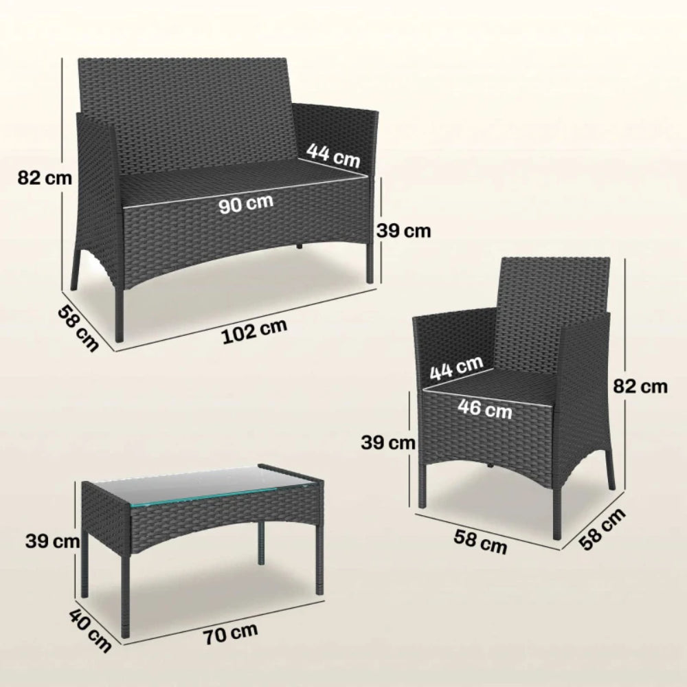 Outsunny 4 Piece Rattan Garden Furniture Sofa Set with Loveseat, Armchairs, Glass-Top Coffee Table and Cushions