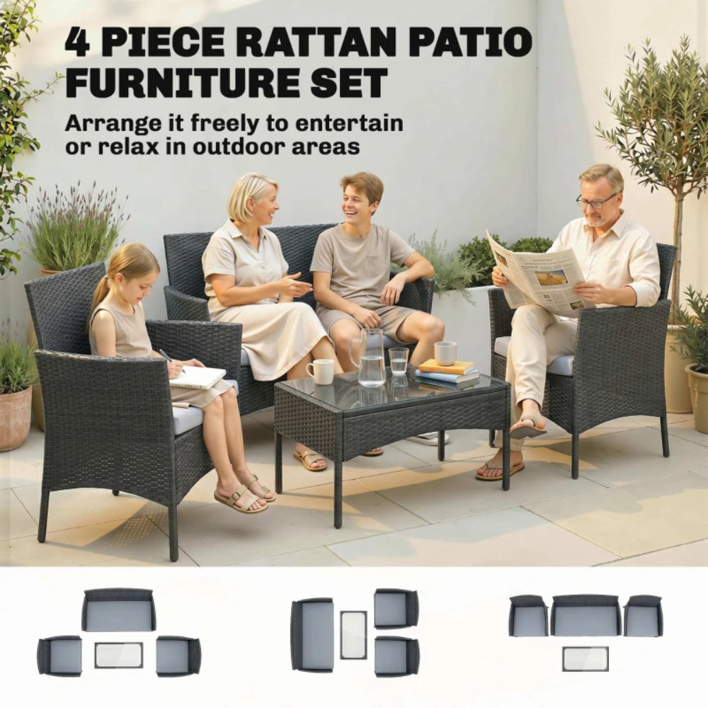 Outsunny 4 Piece Rattan Garden Furniture Sofa Set with Loveseat, Armchairs, Glass-Top Coffee Table and Cushions