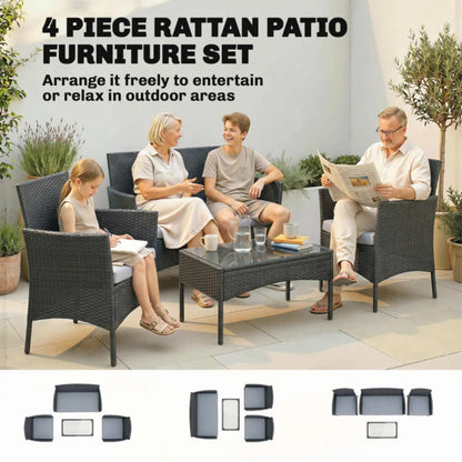 Outsunny 4 Piece Rattan Garden Furniture Sofa Set with Loveseat, Armchairs, Glass-Top Coffee Table and Cushions