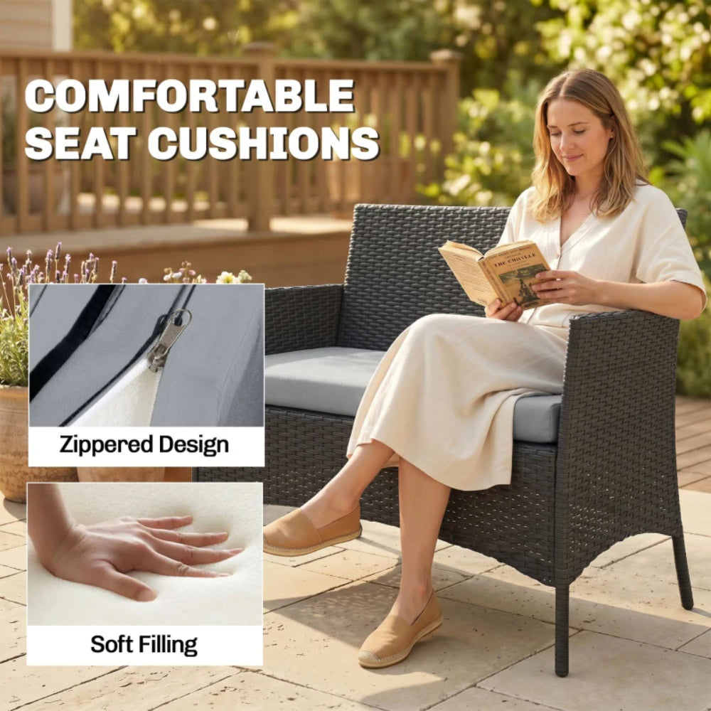 Outsunny 4 Piece Rattan Garden Furniture Sofa Set with Loveseat, Armchairs, Glass-Top Coffee Table and Cushions