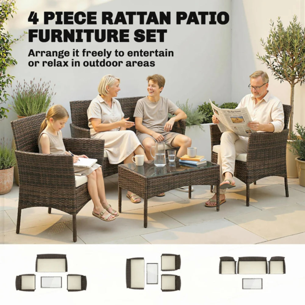 Outsunny 4 Piece Rattan Garden Furniture Sofa Set with Loveseat, Armchairs, Glass-Top Coffee Table and Cushions