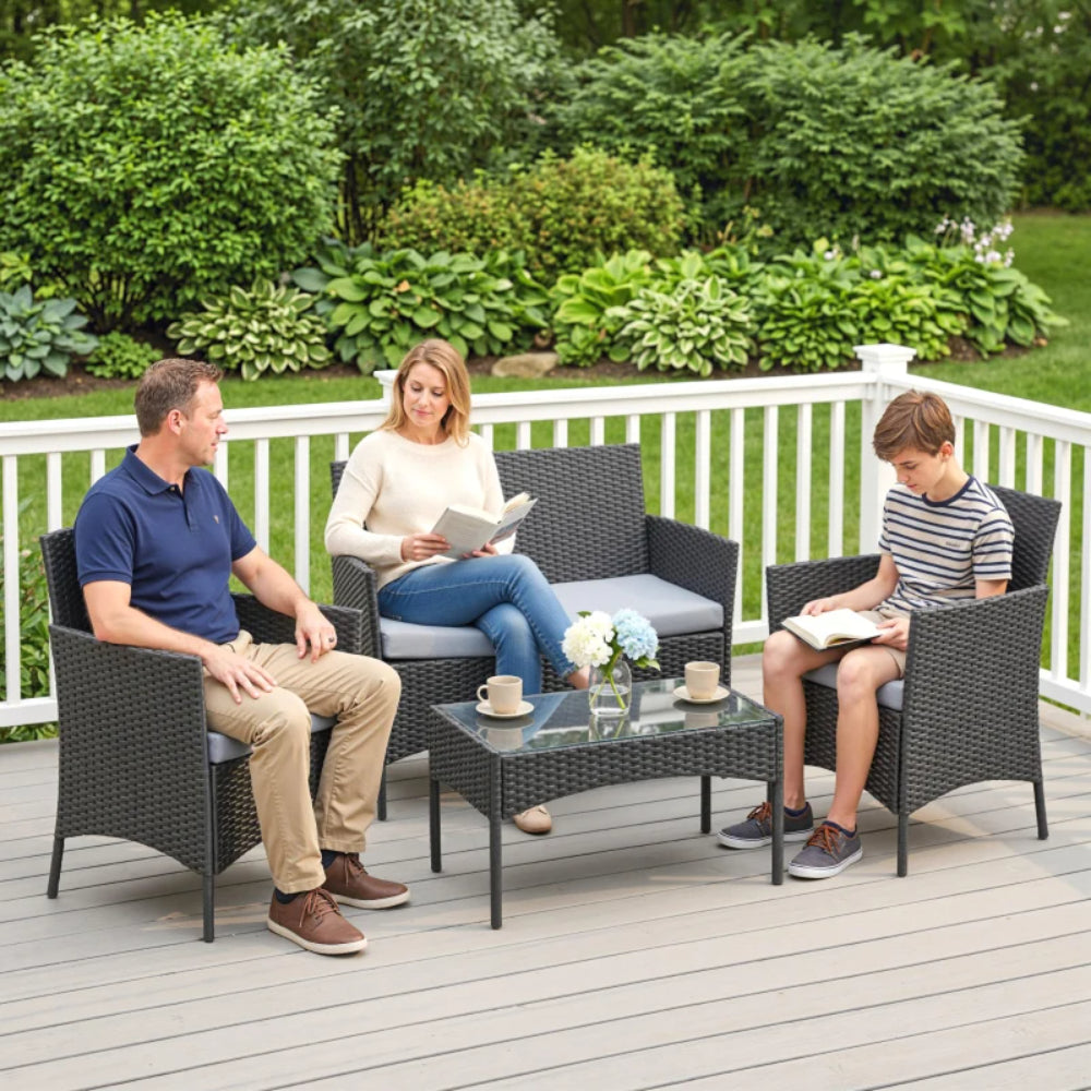 Outsunny 4 Piece Rattan Garden Furniture Sofa Set with Loveseat, Armchairs, Glass-Top Coffee Table and Cushions