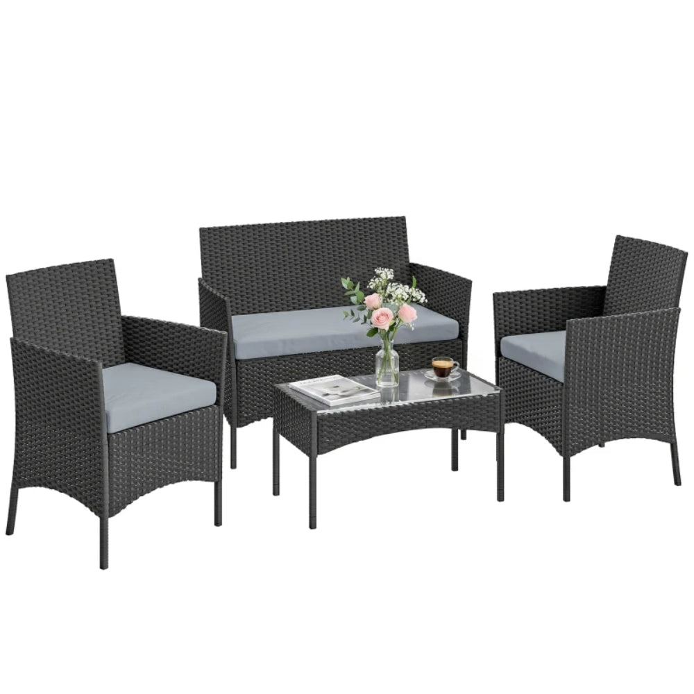Outsunny 4 Piece Rattan Garden Furniture Sofa Set with Loveseat, Armchairs, Glass-Top Coffee Table and Cushions