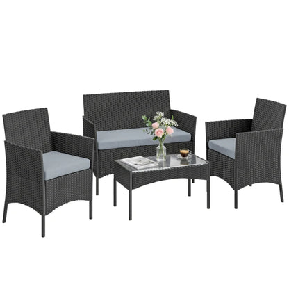 Outsunny 4 Piece Rattan Garden Furniture Sofa Set with Loveseat, Armchairs, Glass-Top Coffee Table and Cushions