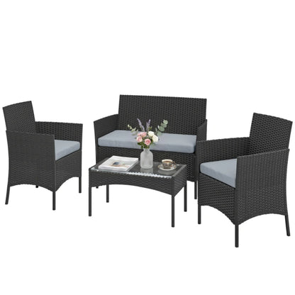 Outsunny 4 Piece Rattan Garden Furniture Sofa Set with Loveseat, Armchairs, Glass-Top Coffee Table and Cushions