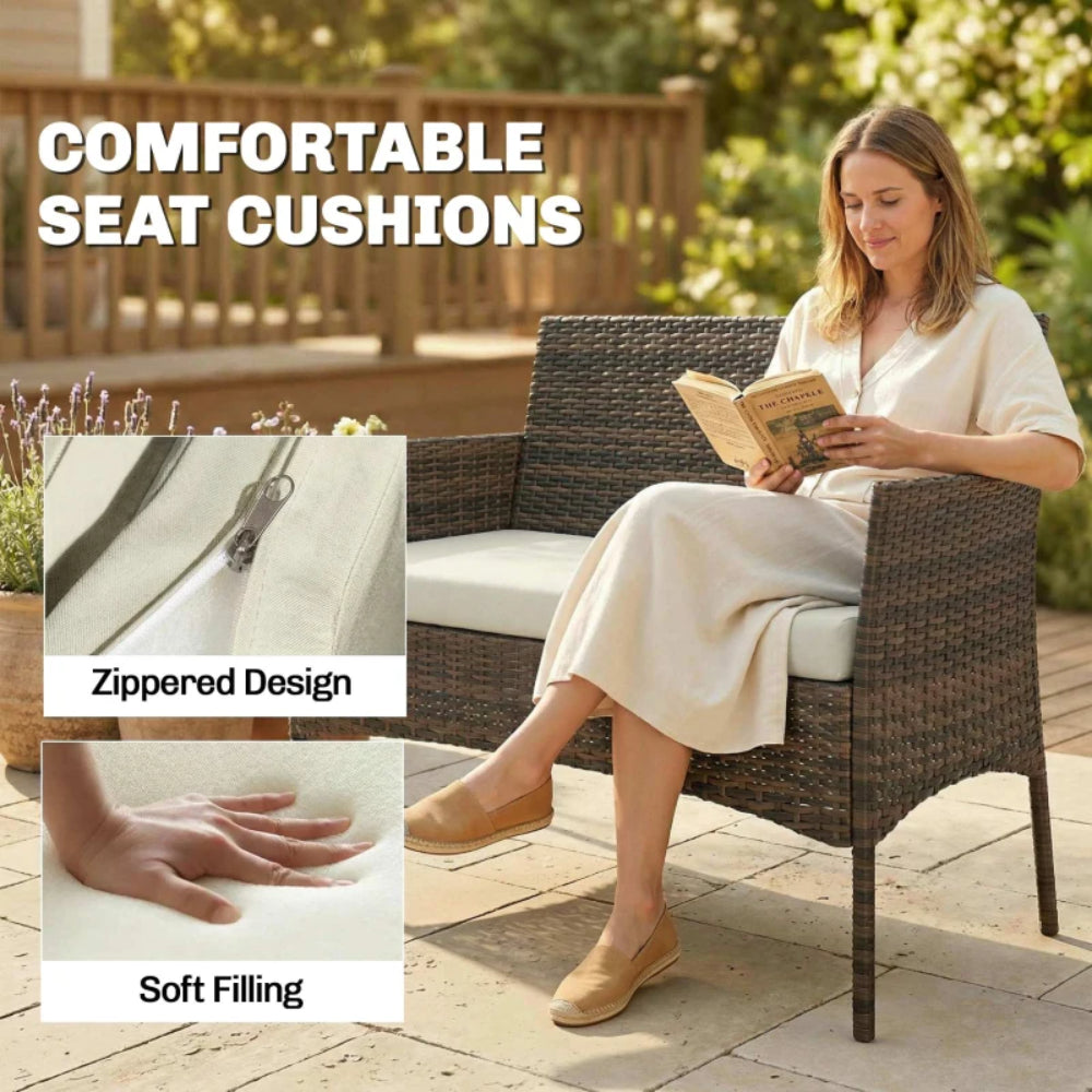 Outsunny 4 Piece Rattan Garden Furniture Sofa Set with Loveseat, Armchairs, Glass-Top Coffee Table and Cushions