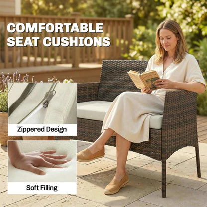 Outsunny 4 Piece Rattan Garden Furniture Sofa Set with Loveseat, Armchairs, Glass-Top Coffee Table and Cushions