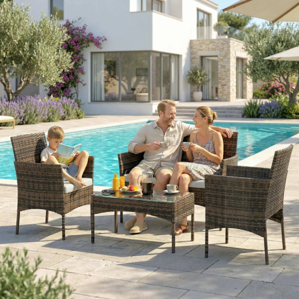 Outsunny 4 Piece Rattan Garden Furniture Sofa Set with Loveseat, Armchairs, Glass-Top Coffee Table and Cushions
