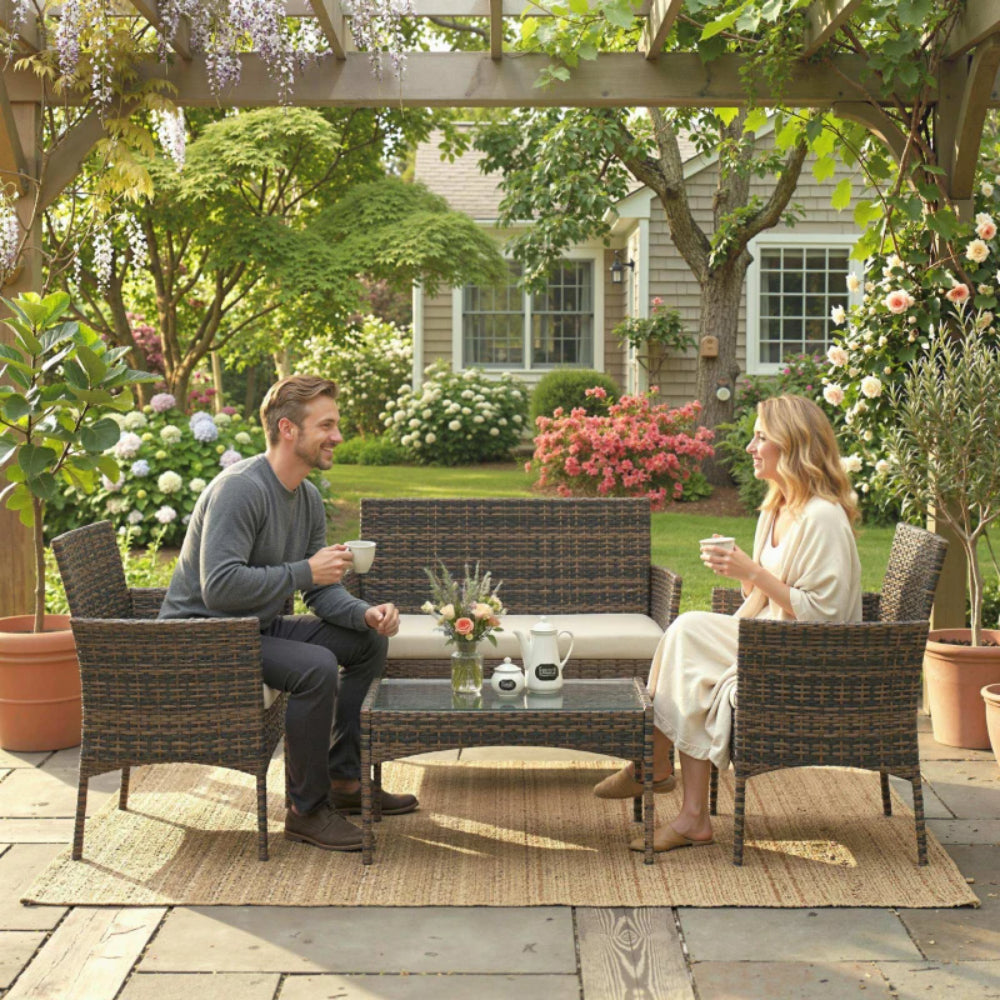 Outsunny 4 Piece Rattan Garden Furniture Sofa Set with Loveseat, Armchairs, Glass-Top Coffee Table and Cushions