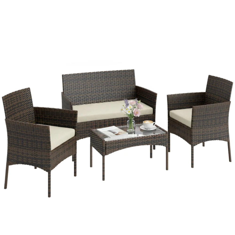 Outsunny 4 Piece Rattan Garden Furniture Sofa Set with Loveseat, Armchairs, Glass-Top Coffee Table and Cushions