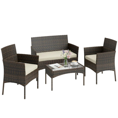 Outsunny 4 Piece Rattan Garden Furniture Sofa Set with Loveseat, Armchairs, Glass-Top Coffee Table and Cushions