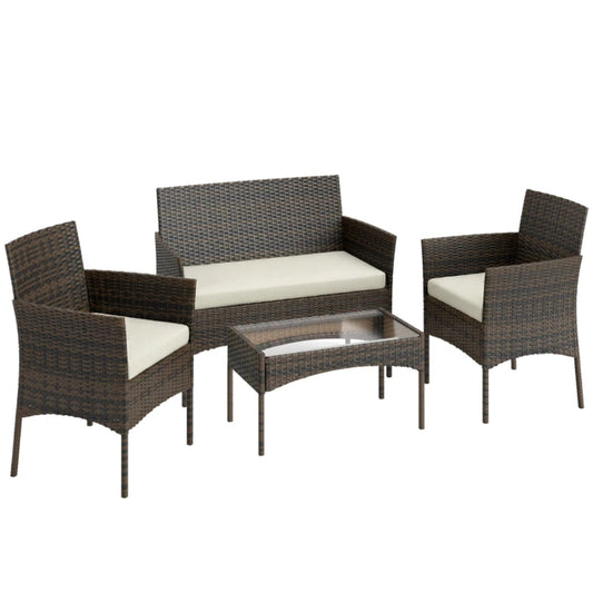 Outsunny 4 Piece Rattan Garden Furniture Sofa Set with Loveseat, Armchairs, Glass-Top Coffee Table and Cushions