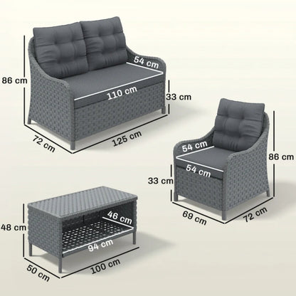 Outsunny 4-Piece Wicker Patio Furniture Set with 2 Armchairs, Loveseat, Glass Coffee Table, Conversation Sofa Set, Dark Grey