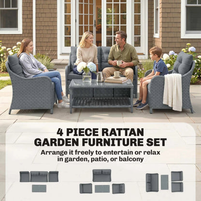 Outsunny 4-Piece Wicker Patio Furniture Set with 2 Armchairs, Loveseat, Glass Coffee Table, Conversation Sofa Set, Dark Grey
