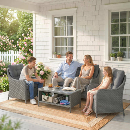 Outsunny 4-Piece Wicker Patio Furniture Set with 2 Armchairs, Loveseat, Glass Coffee Table, Conversation Sofa Set, Dark Grey