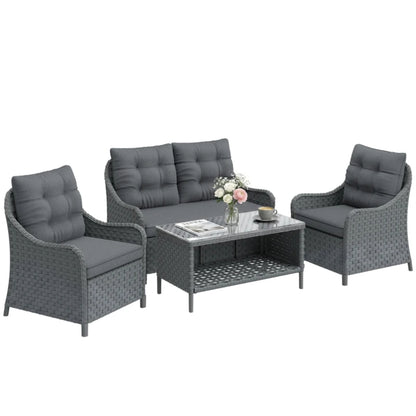 Outsunny 4-Piece Wicker Patio Furniture Set with 2 Armchairs, Loveseat, Glass Coffee Table, Conversation Sofa Set, Dark Grey