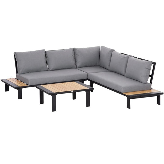 Outsunny 4 Pieces Aluminium Garden Furniture Set L Shape Sofa Set with Tables, Cushions for Indoor, Garden, Patio, Dark Grey 