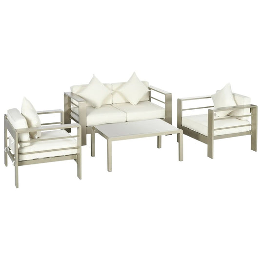 Outsunny 4 Pieces Outdoor Garden Furniture Set, Aluminium Frame Backyard Furniture w/ Thick Padded Cushioned Loveseat, 2 Chairs, and Glass Top Table, Champagne Gold 