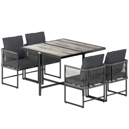 Outsunny 4-Seater Garden Dining Set, Rattan Outdoor Furniture with Space-Saving Chairs and Thick Cushions for Patio Balcony, Black