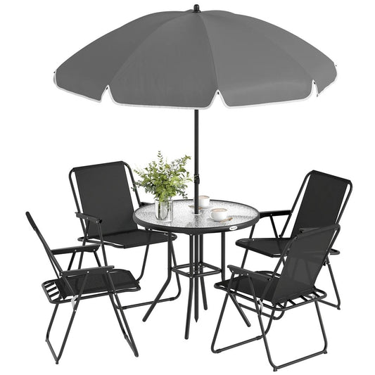 Outsunny 4 Seater Garden Furniture Set, 6 Pieces Garden Table and Chairs with Parasol for Patio, Black 