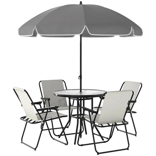Outsunny 4 Seater Garden Furniture Set, 6 Pieces Garden Table and Chairs with Parasol, Outdoor Garden Dining Set with Folding Chairs and Round Glass Top Table for Patio, Cream White 