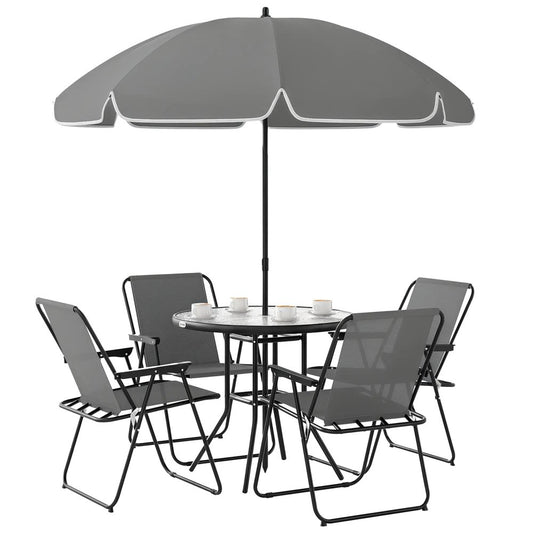 Outsunny 4 Seater Garden Furniture Set, 6 Pieces Garden Table and Chairs with Parasol, Outdoor Garden Dining Set with Folding Chairs and Round Glass Top Table for Patio, Grey 