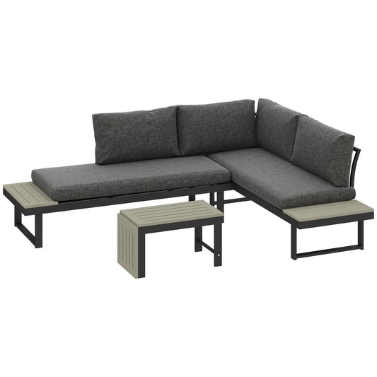 Outsunny 4 Seater L Shaped Aluminium Sectional Garden Furniture Set with 2 Loveseats and Wood-Plastic Coffee Table 