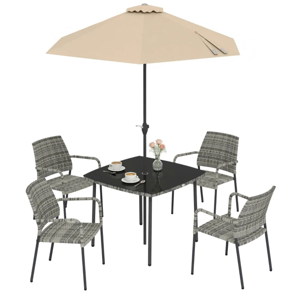 Outsunny 4 Seater Rattan Dining Set with Parasol, 6 Piece Garden Table and Stackable Chairs with Tempered Glass Tabletop