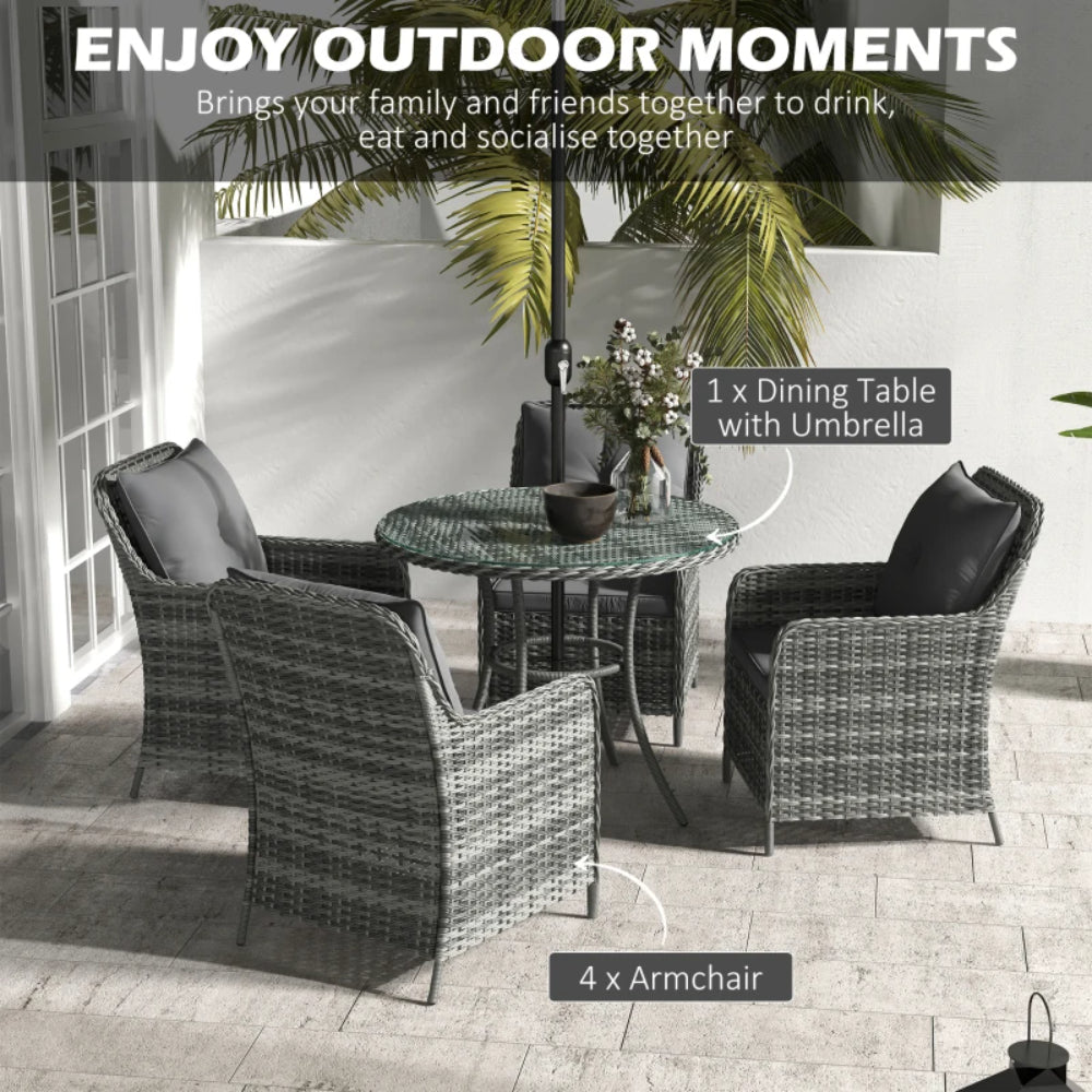Outsunny 4 Seater Rattan Dining Set with Parasol & Cushions