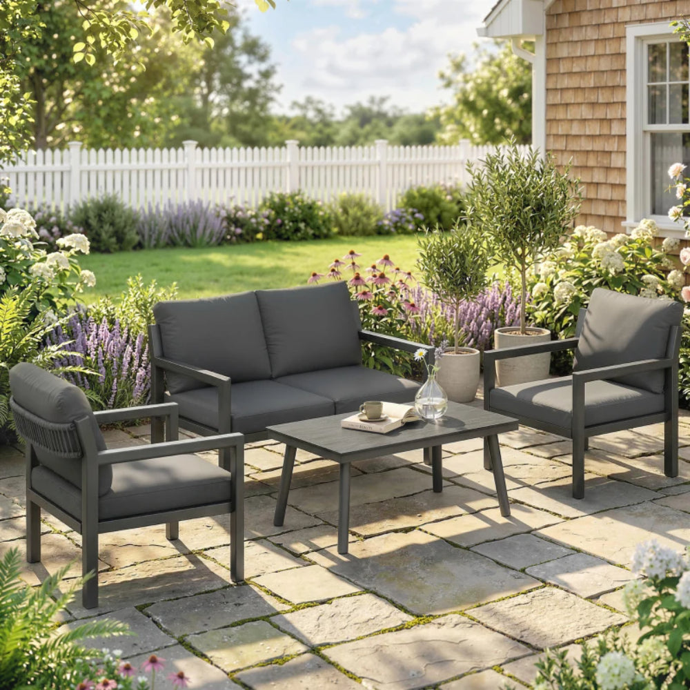Outsunny 4 Seater Rattan Garden Furniture Set with 2 Armchairs, Loveseat, Coffee Table, Dark Grey 860-475V71CG