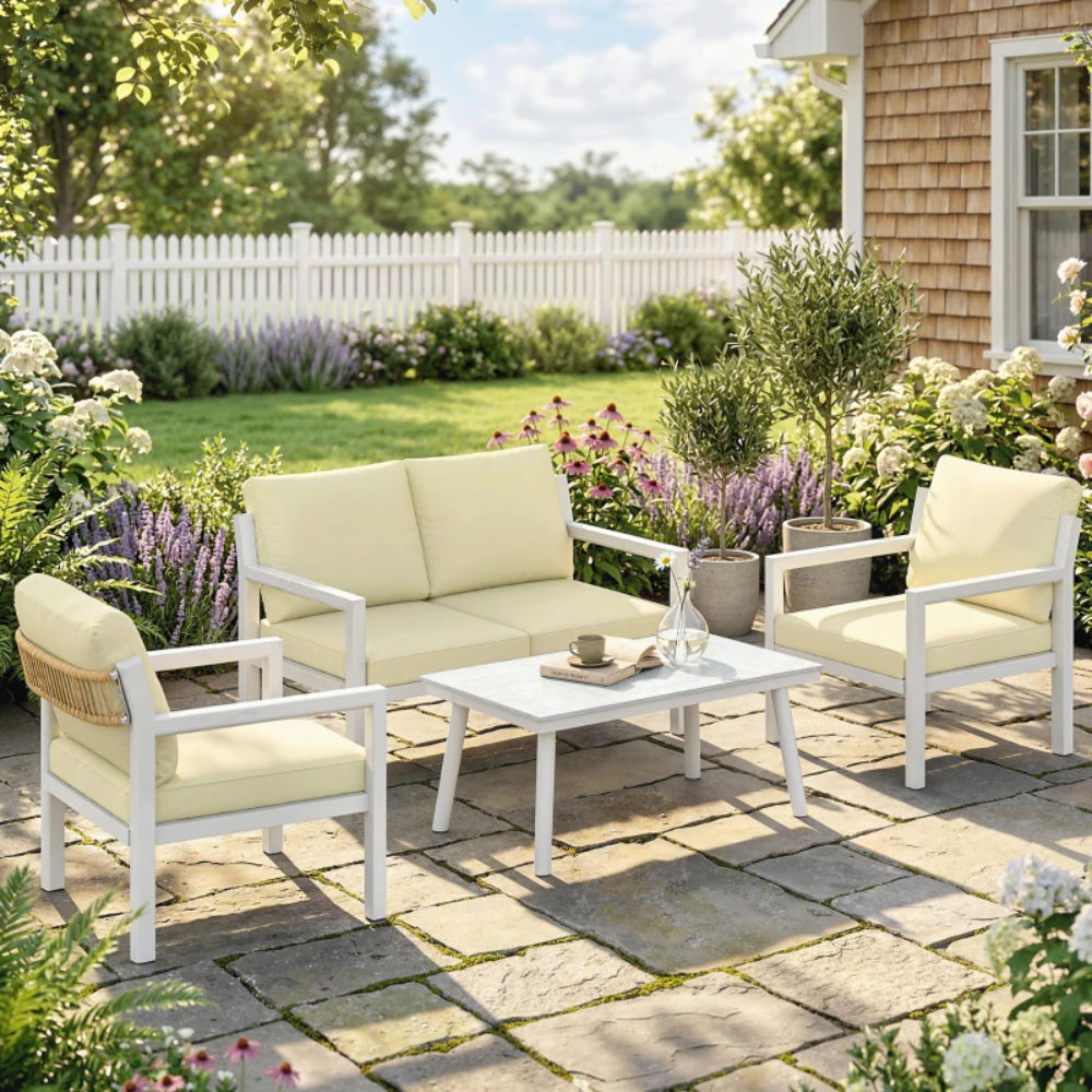 Outsunny 4 Seater Rattan Garden Furniture Set with 2 Armchairs, Loveseat, Coffee Table, Garden Sofa Set with Cushions 860-474V