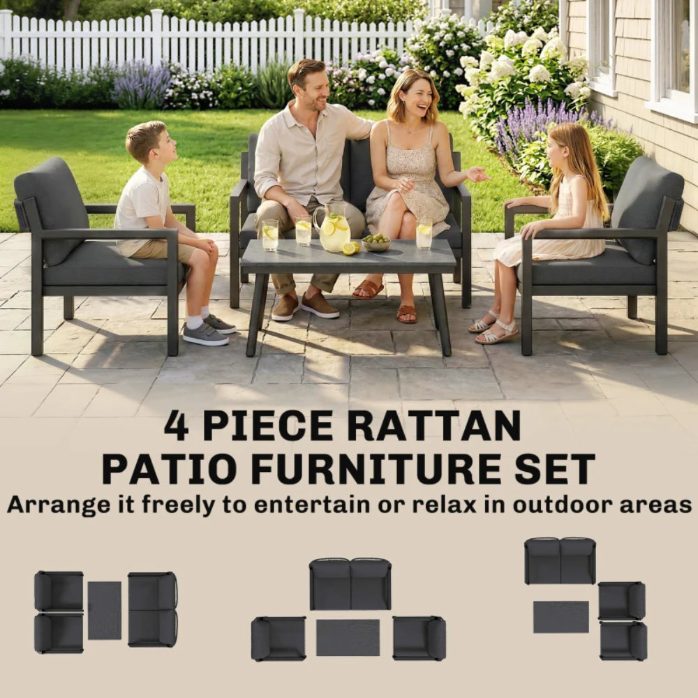 Outsunny 4 Seater Rattan Garden Furniture Set with 2 Armchairs, Loveseat, Coffee Table, Garden Sofa Set with Cushions 860-474V