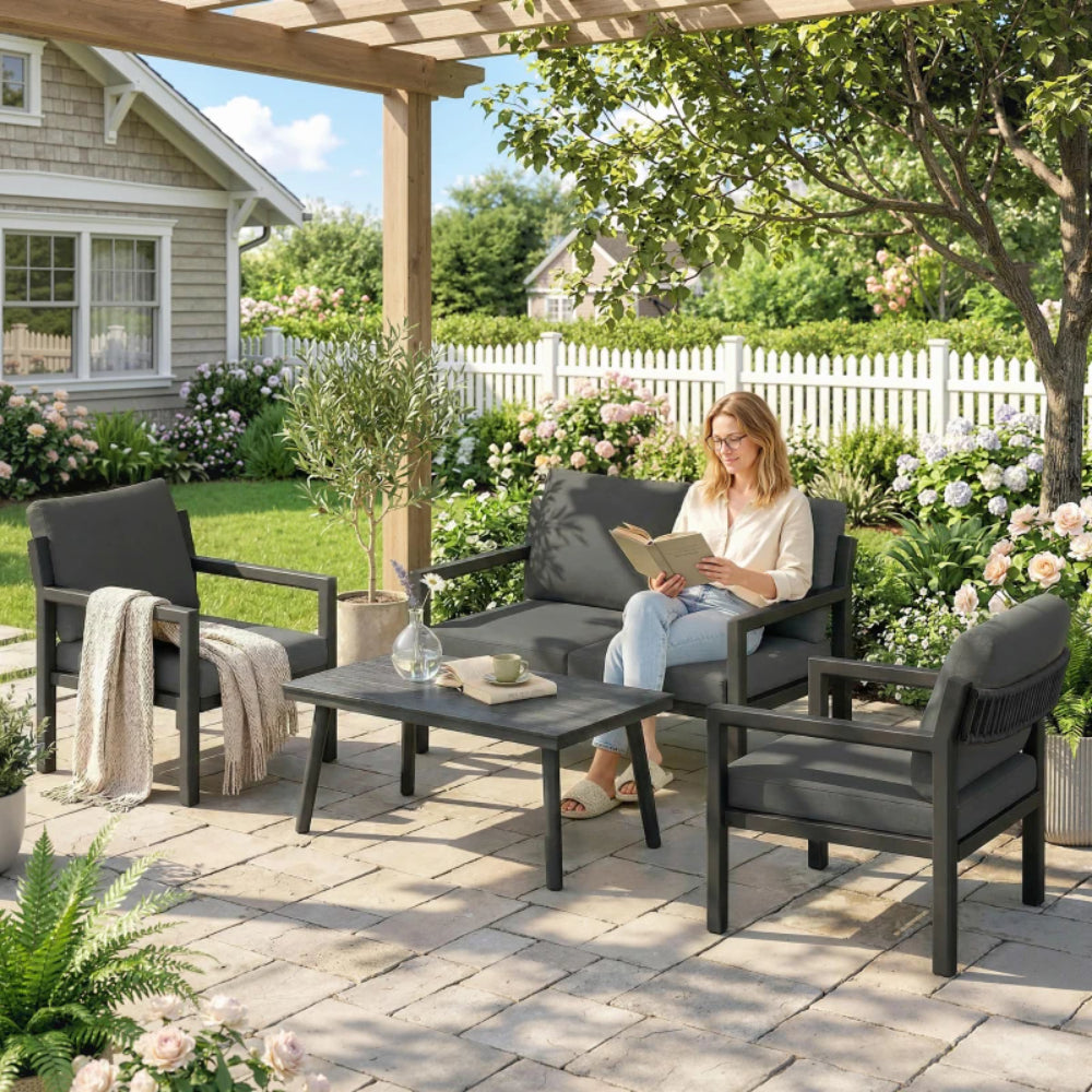 Outsunny 4 Seater Rattan Garden Furniture Set with 2 Armchairs, Loveseat, Coffee Table, Garden Sofa Set with Cushions 860-474V