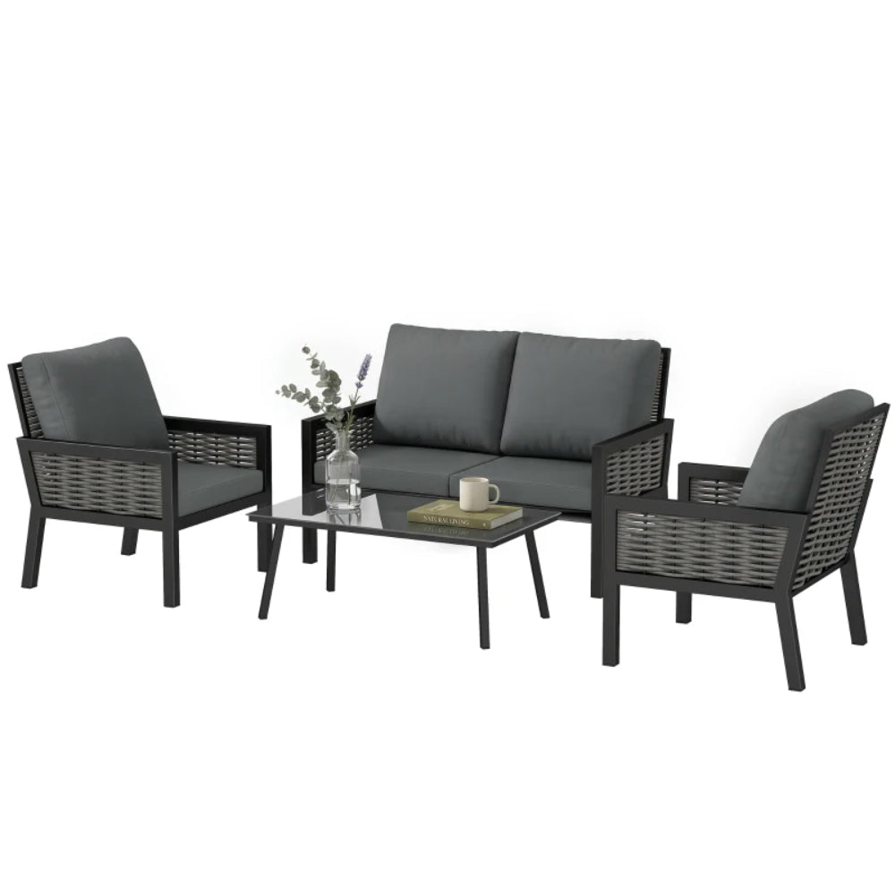 Outsunny 4 Seater Rattan Garden Furniture Set with 2 Armchairs, Loveseat, Coffee Table, Garden Sofa Set with Cushions 860-474V