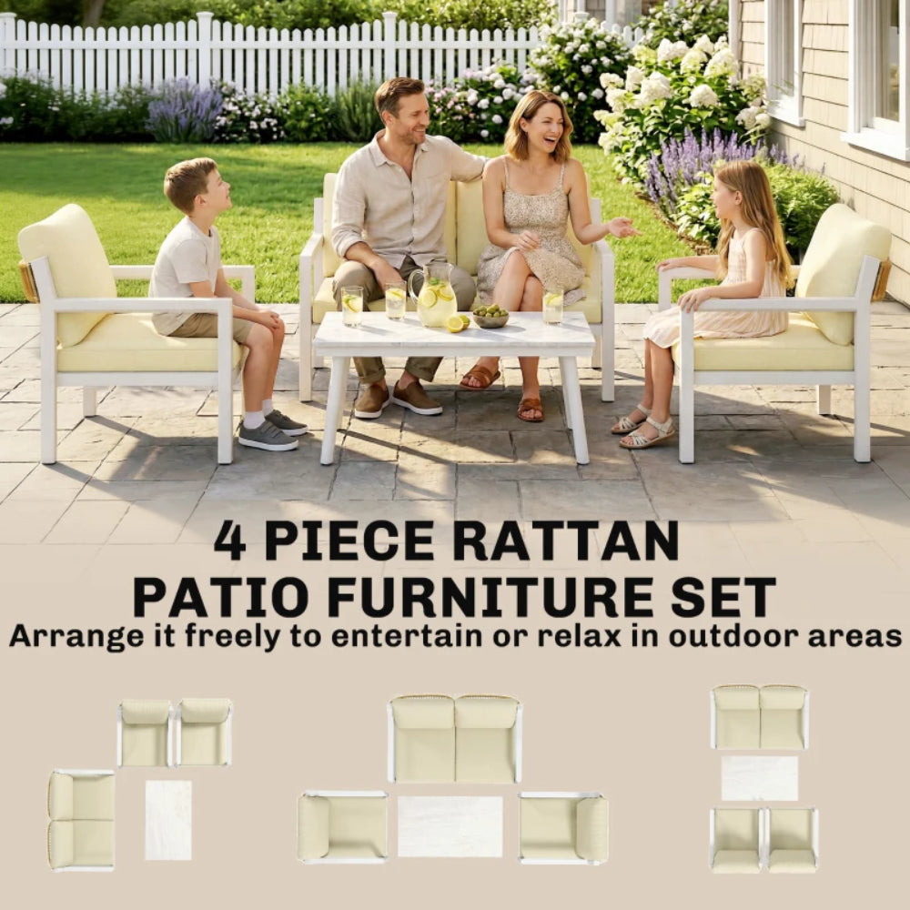 Outsunny 4 Seater Rattan Garden Furniture Set with 2 Armchairs, Loveseat, Coffee Table, Garden Sofa Set with Cushions 860-474V