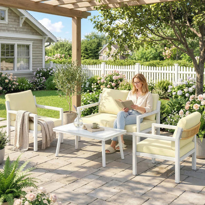 Outsunny 4 Seater Rattan Garden Furniture Set with 2 Armchairs, Loveseat, Coffee Table, Garden Sofa Set with Cushions 860-474V