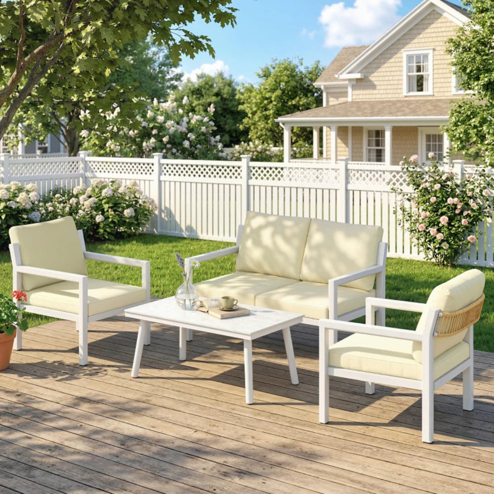 Outsunny 4 Seater Rattan Garden Furniture Set with 2 Armchairs, Loveseat, Coffee Table, Garden Sofa Set with Cushions, Beige Additional Image 9