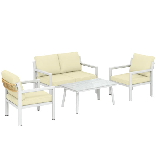 Outsunny 4 Seater Rattan Garden Furniture Set with 2 Armchairs, Loveseat, Coffee Table, Garden Sofa Set with Cushions, Beige