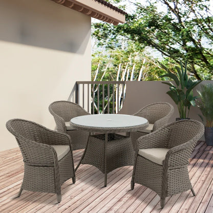 Outsunny 4 Seater Rattan Garden Furniture Set with Cushions, Round PE Rattan Dining Set with Glass-Top Table, Umbrella Hole, Outdoor Garden Table and Chairs