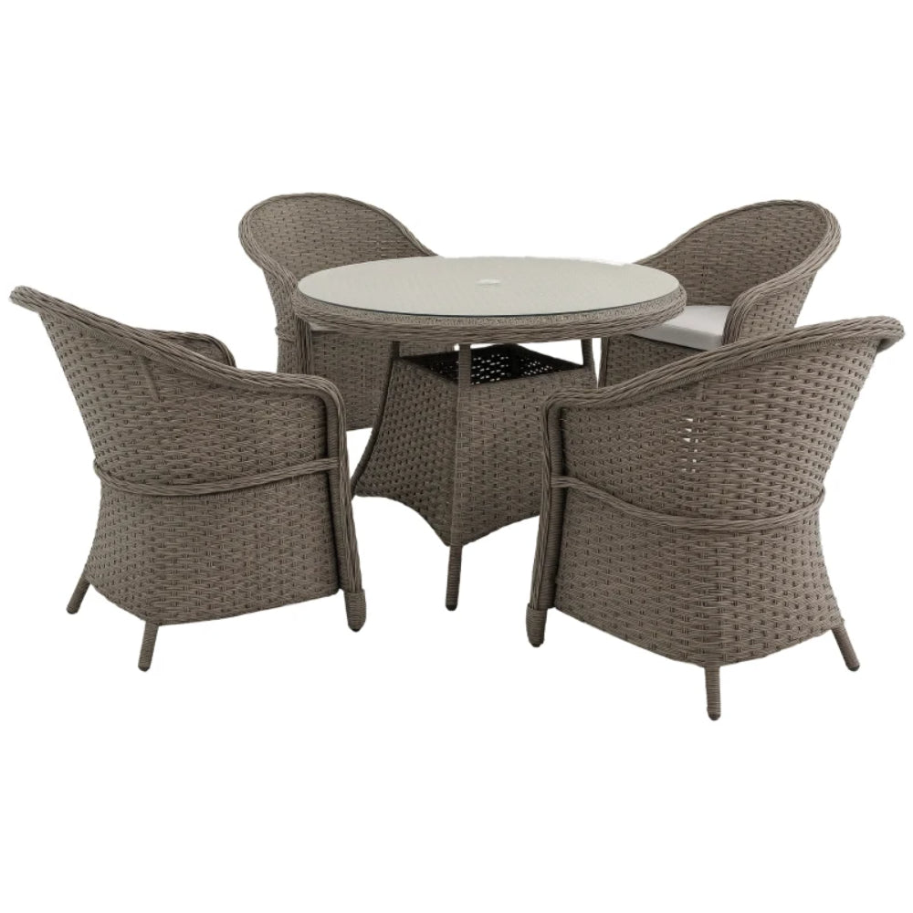 Outsunny 4 Seater Rattan Garden Furniture Set with Cushions, Round PE Rattan Dining Set with Glass-Top Table, Umbrella Hole, Outdoor Garden Table and Chairs